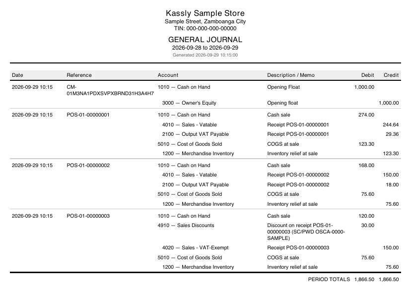 Sample General journal (PDF) from a test store